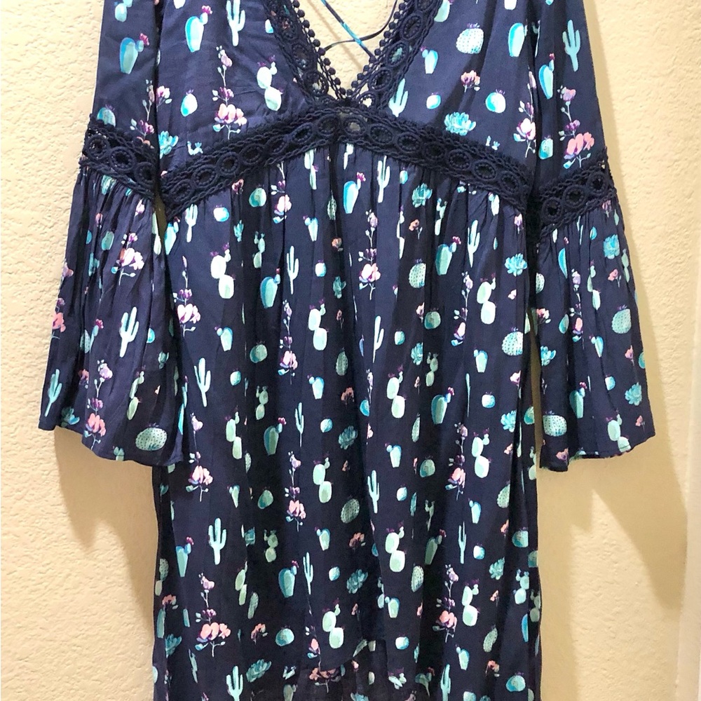 Women's Navy Mini Dress with Cactus Print and Lace Trim